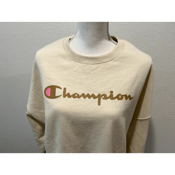 CHAMPION Women's Logo Fleece Crewneck Sweatshirt In Fresh Skin Tan Size XL B47 - Picture 2 of 6